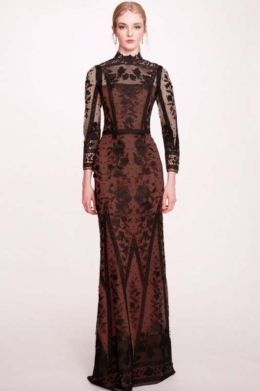 Long-Sleeve Tulle Evening Dress