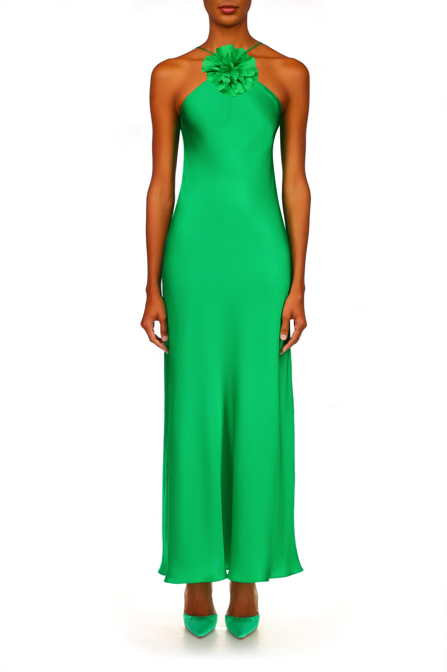 Satin Halter Gown with Flower Detail