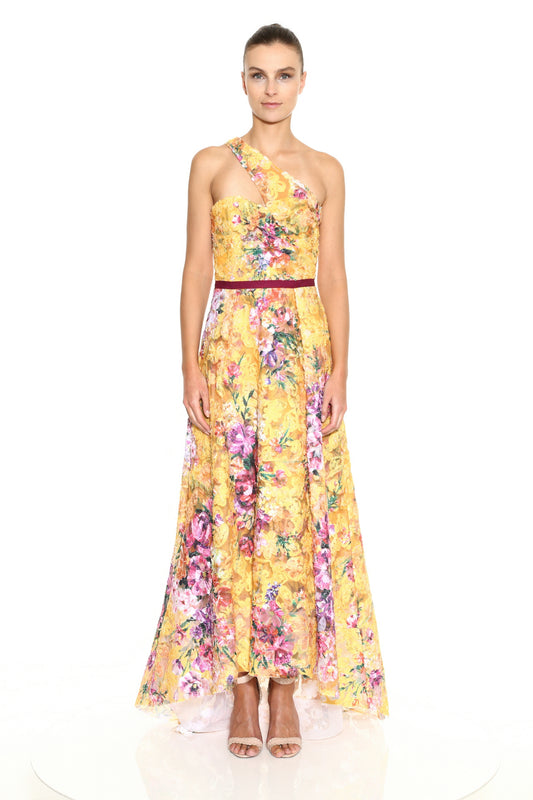 One Shoulder Printed Soutache Hi Lo  Gown