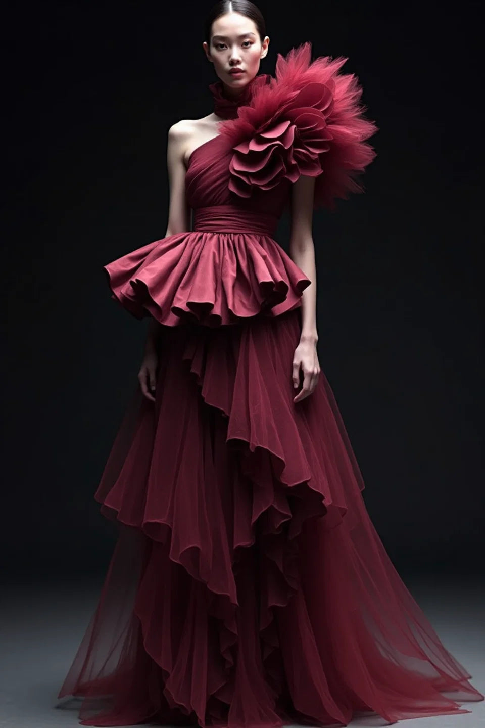 Feathered Shoulder Flared Gown