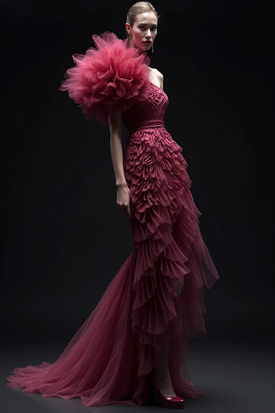 Tiered Ruffled Shoulder Gown