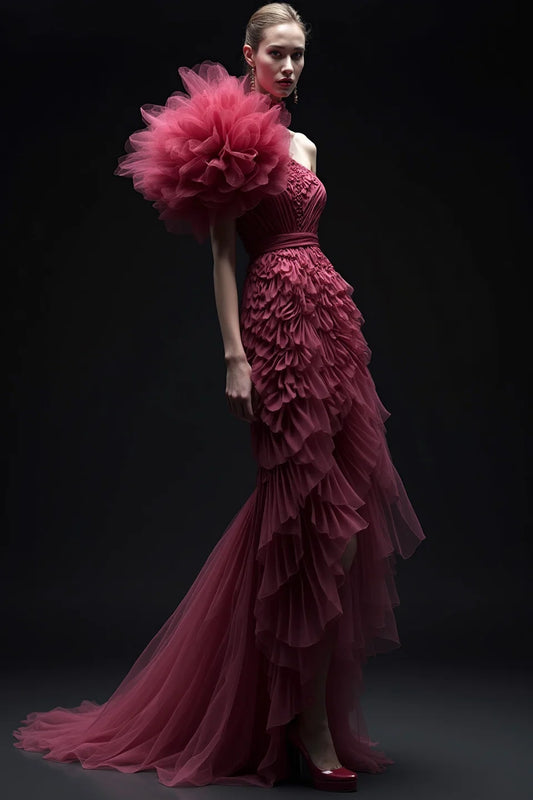 Tiered Ruffled Shoulder Gown