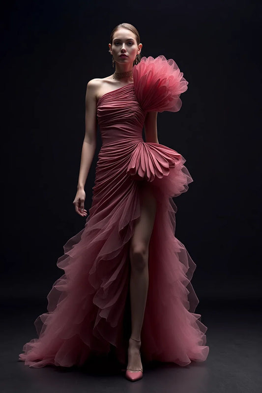 Ruffled Shoulder High Slit Gown