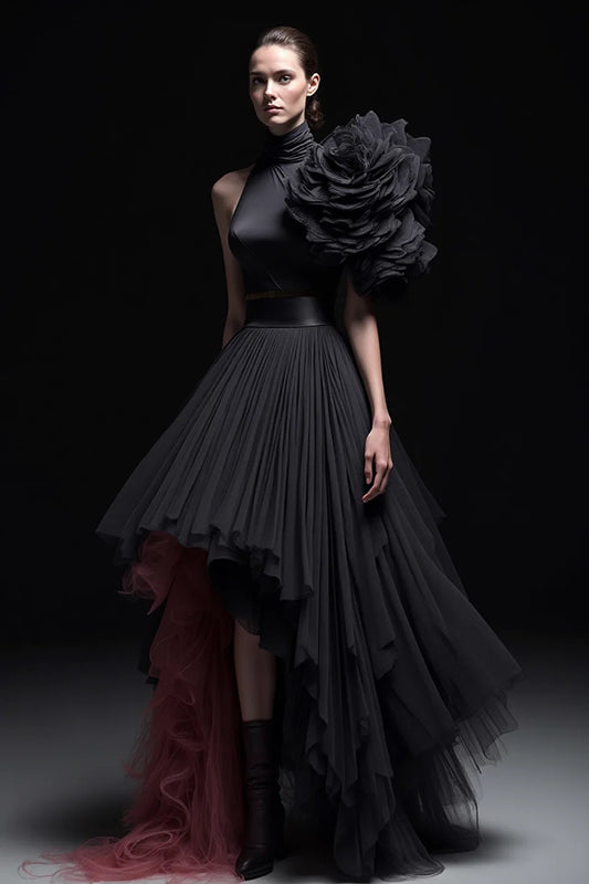 Sleeveless Pleated High-Low Gown