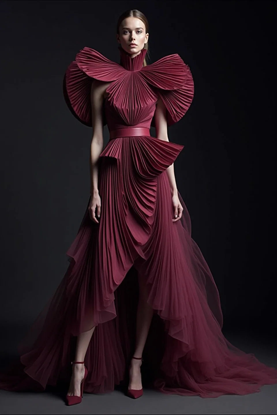 High-Low Pleated Flared Gown