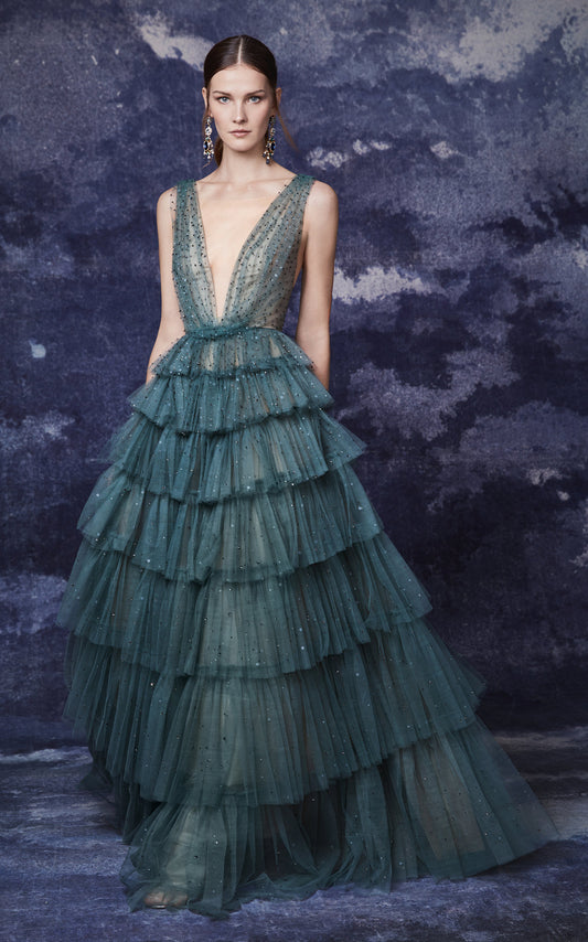 Plunging V Neckline Tulle Gown