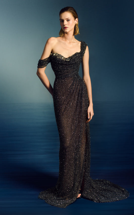 Crystal Beaded Draped Gown