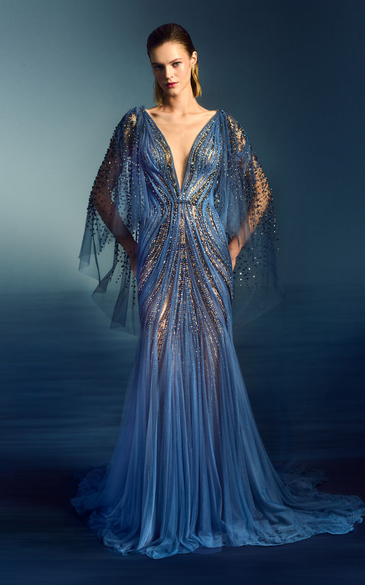 Cape Sleeve Embellished Drape Gown