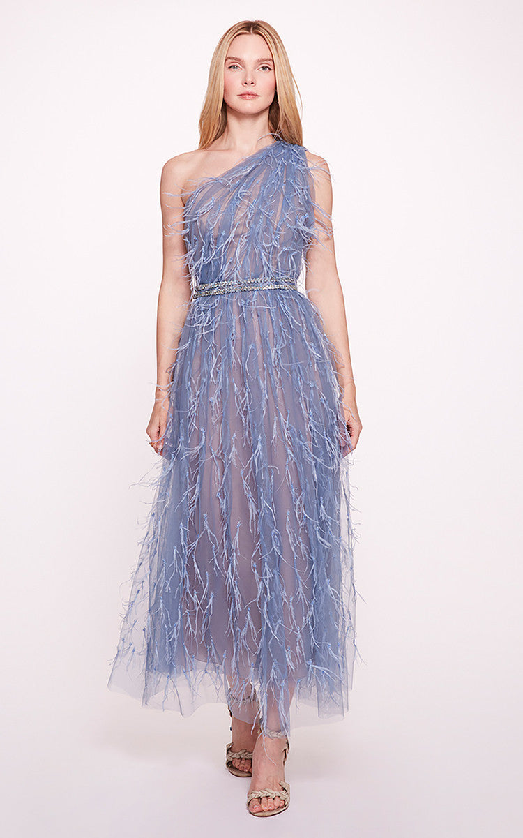 One -Shoulder Feathered Dress