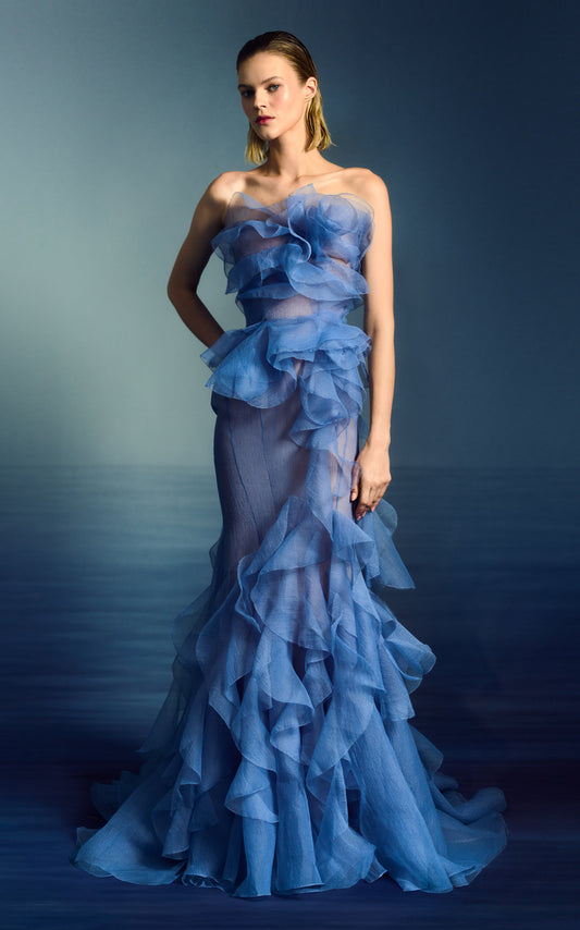 Strapless Pebble Ruffled  Gown