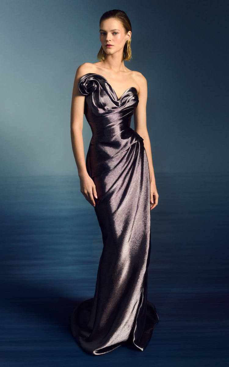 Metallic Strapless Pewter Gown
