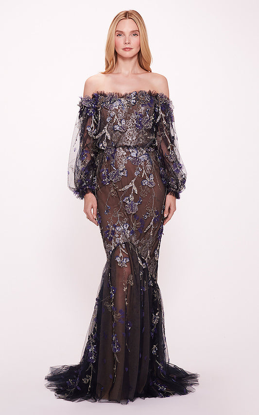 Long- Sleeve  Embroidered Gown