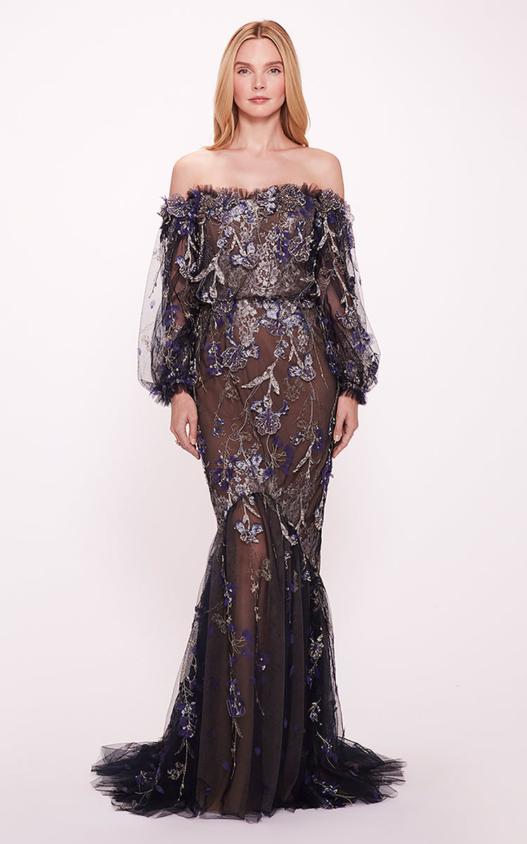 Long-Sleeve Embroidered Gown