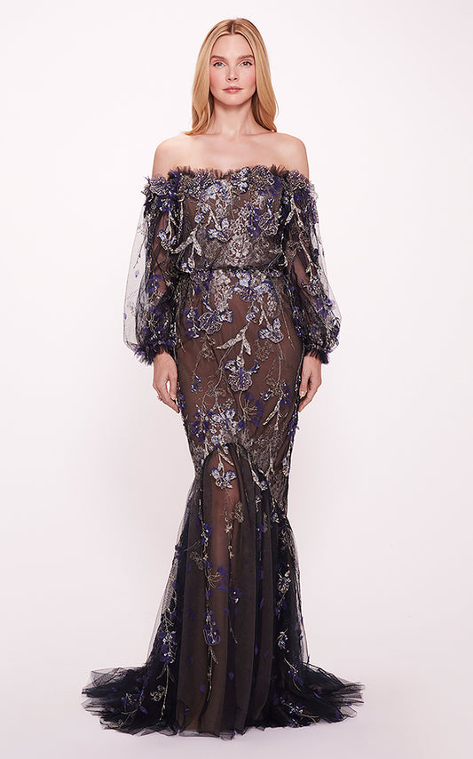 Long-Sleeve Embroidered Gown