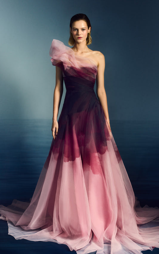 Painterly Print Organza Gown