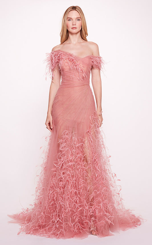 Off- Shoulder Feathered Gown