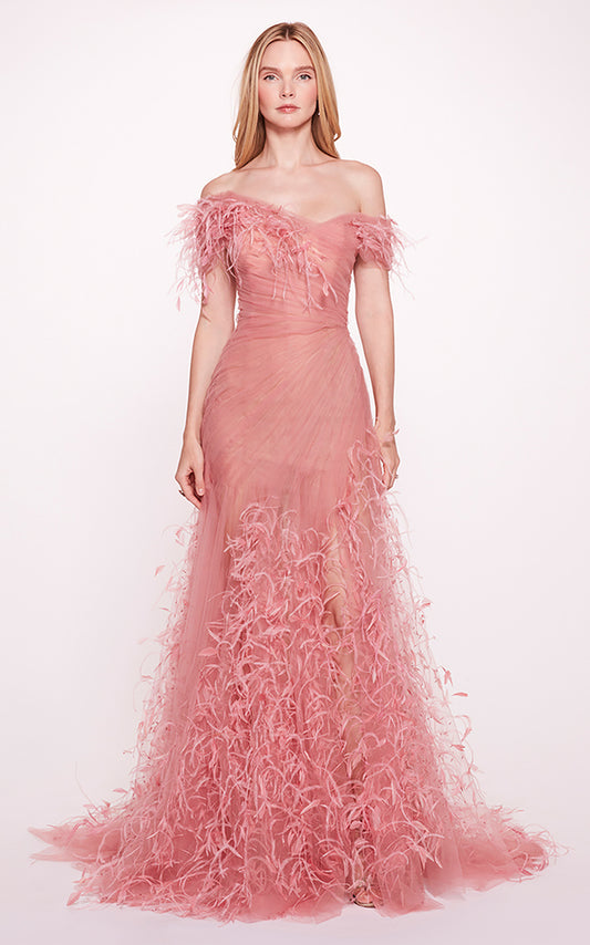 Off-Shoulder Feathered Gown
