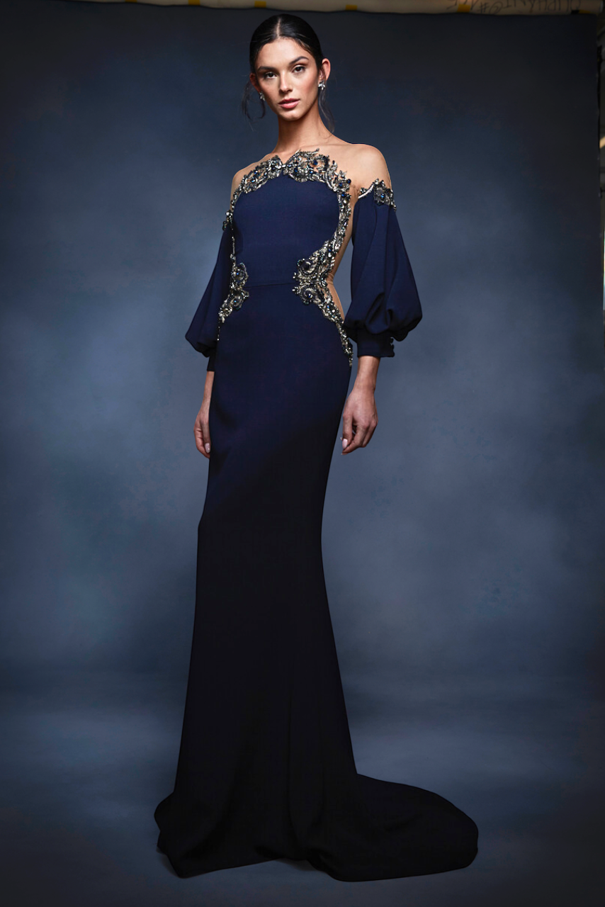 Embroidered Off Shoulder Crepe Gown