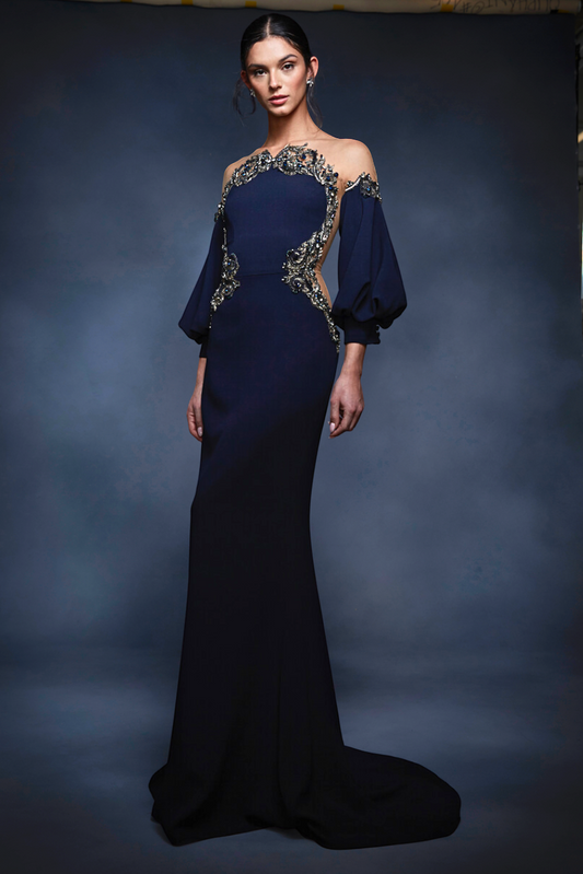 Embroidered Off Shoulder Crepe Gown