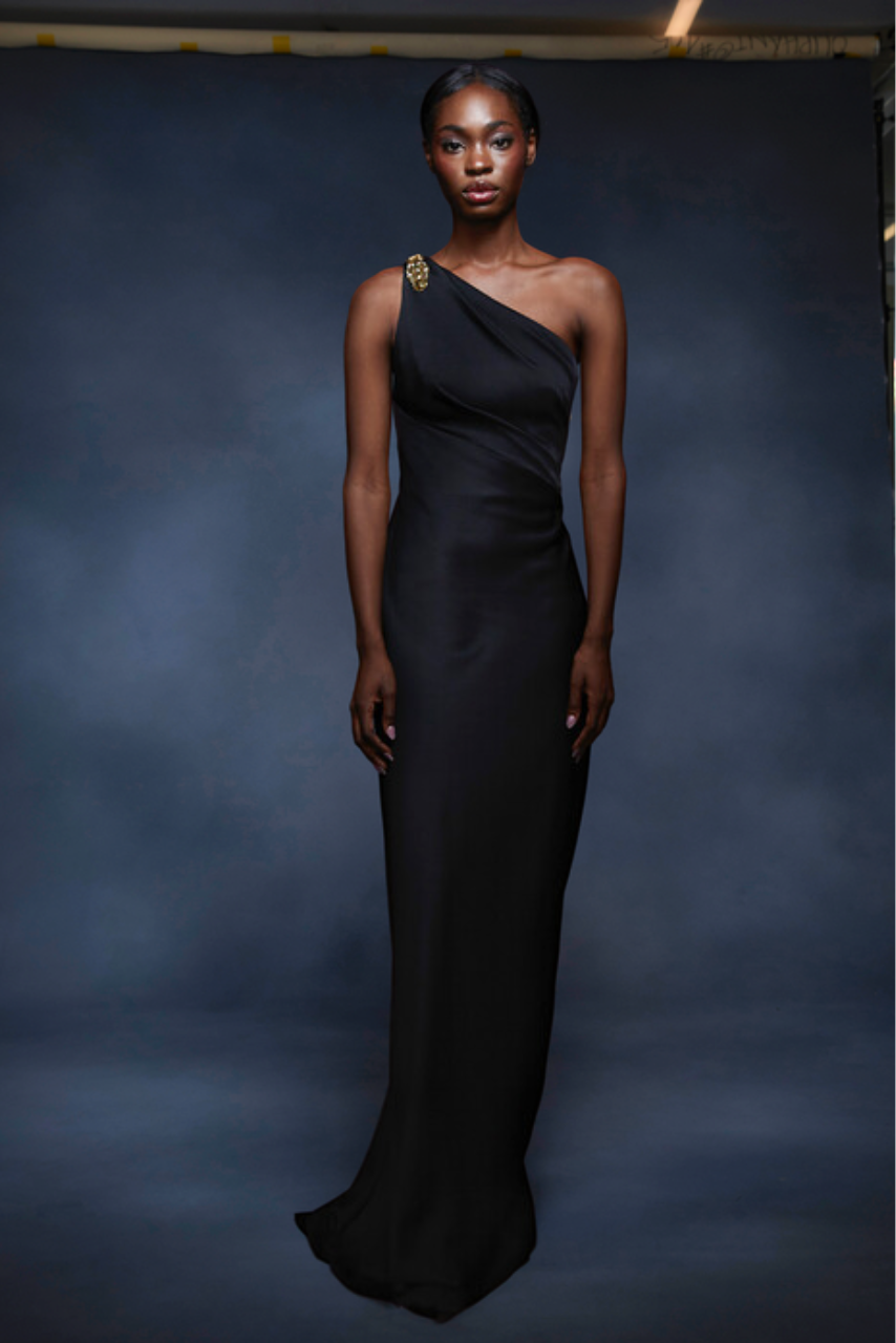 One Shoulder Hand Draped Crepe Gown