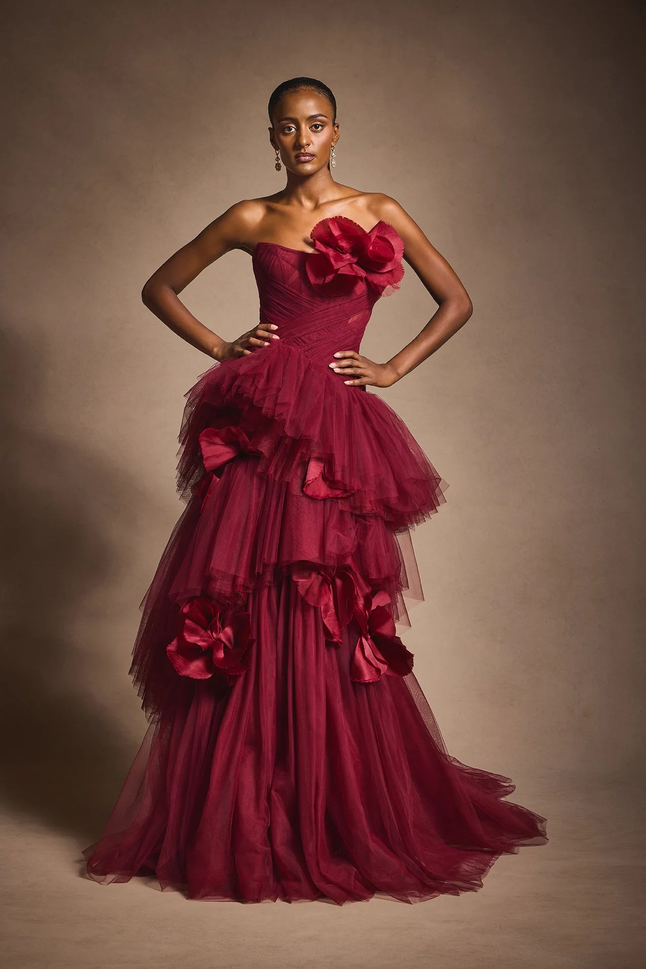 Strapless Tulle Tiered Gown