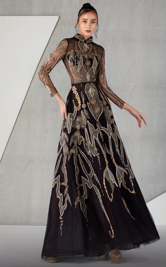 High Neck ¾ Sleeve Embellished A-Line Gown