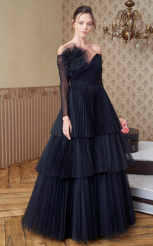 Strapless Pleated Tiered Gown