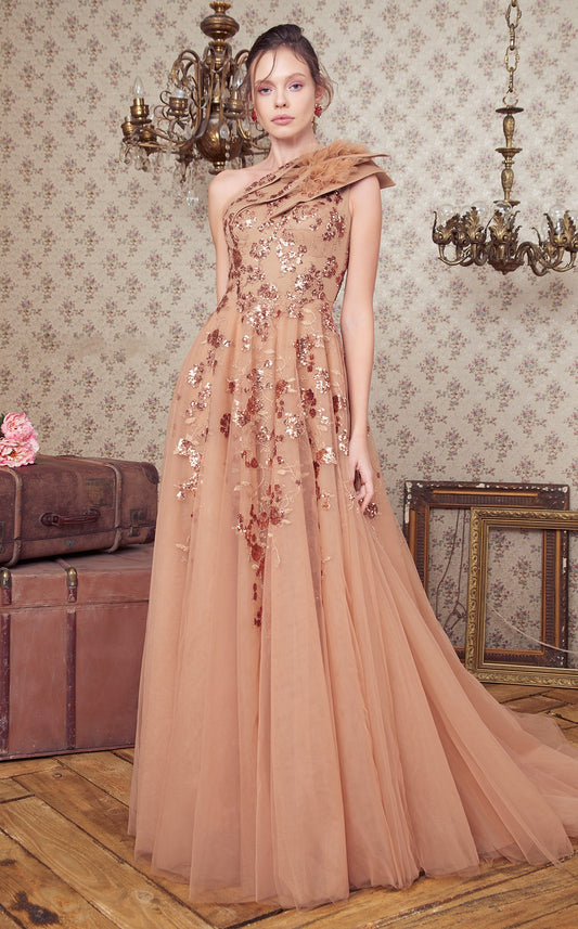 Sequin Embellished One Shoulder Gown