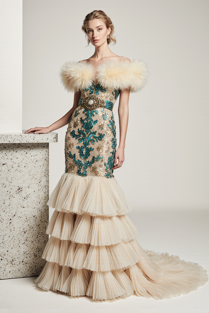 Tiered Ruffle Banded Gown