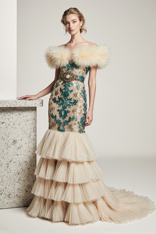 Tiered Ruffle Banded Gown