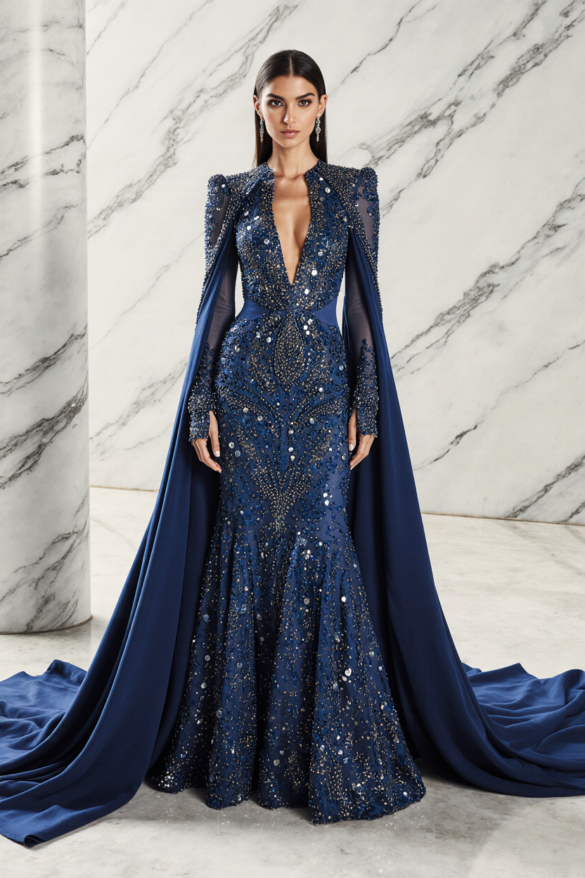 Long Sleeved Plunging Gown