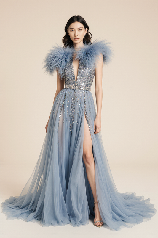 Feathered Plunging Bodice Gown