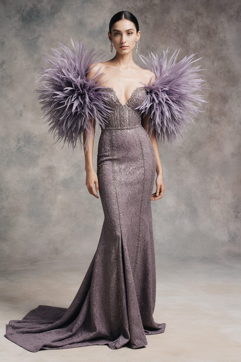 Feathered Sleeve Off Shoulder Gown