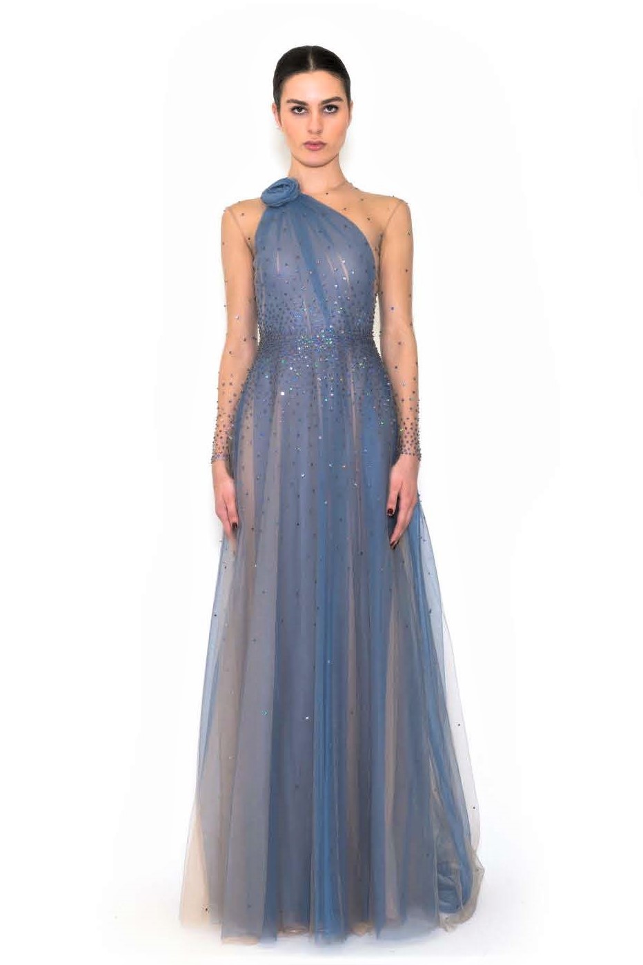 Long Sleeve Beaded Illusion Gown