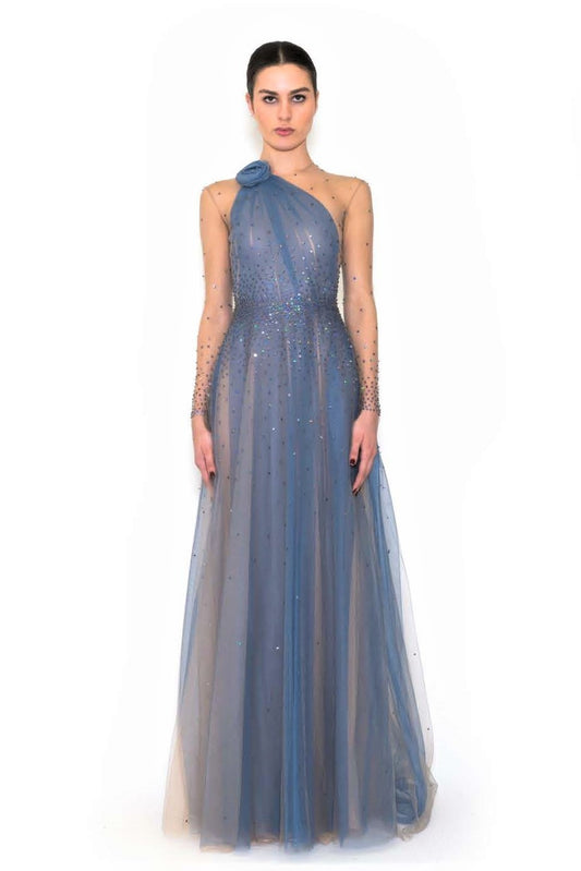 Long Sleeve Beaded Illusion Gown