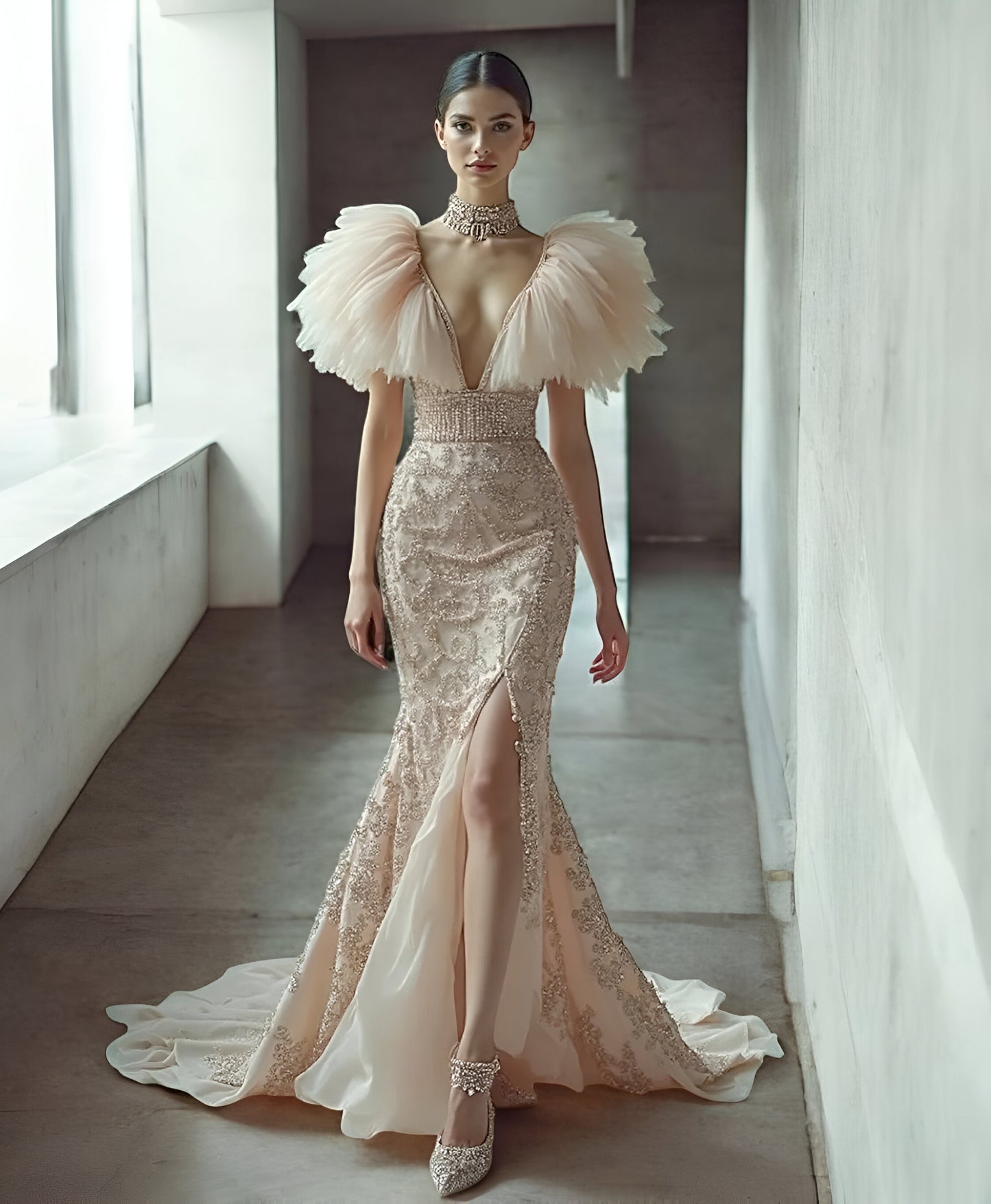Feathered Sleeve Slit Gown