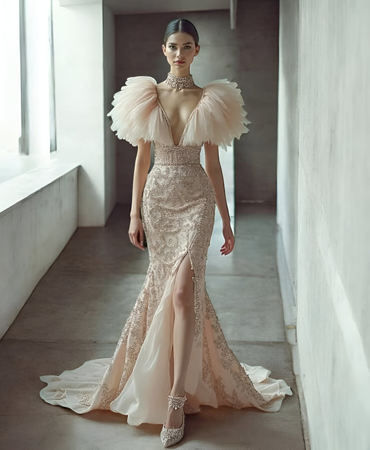 Feathered Sleeve Slit Gown