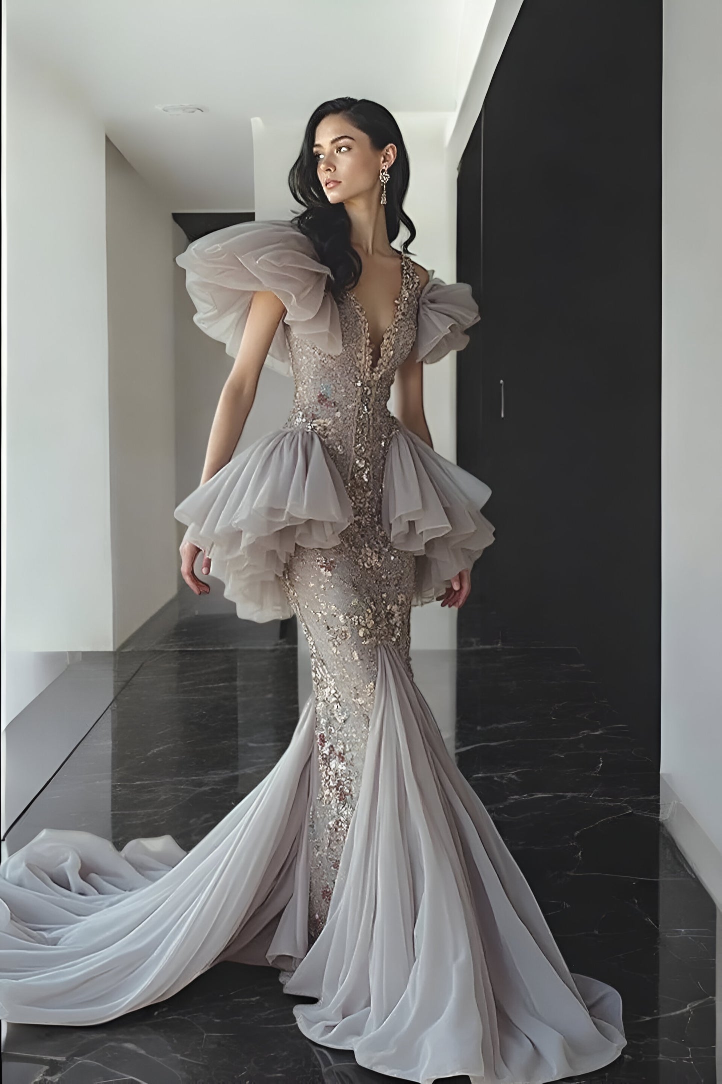 Ruffled Peplum Embellished Gown