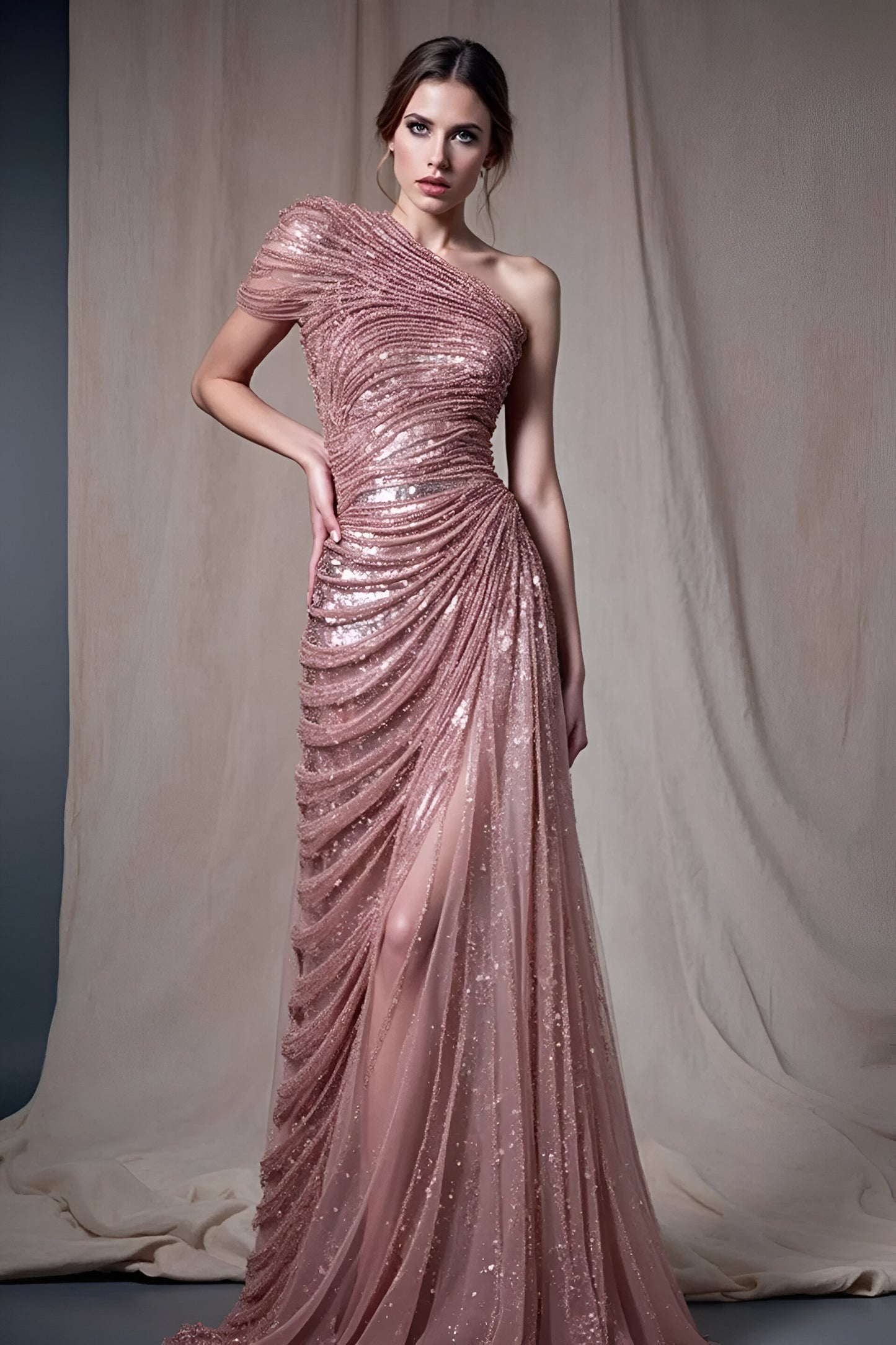 Short Sleeve One Shoulder Gown