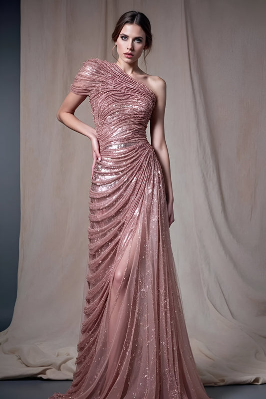 Short Sleeve One Shoulder Gown