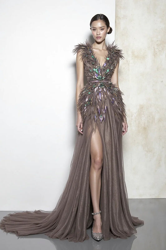 Deep V-Neck Cap Sleeve Gown