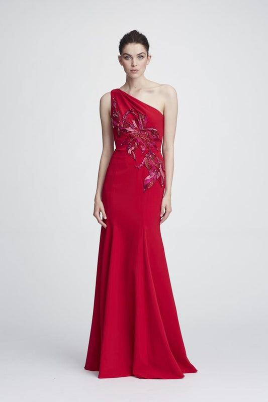 One Shoulder Stretch Crepe Red Gown
