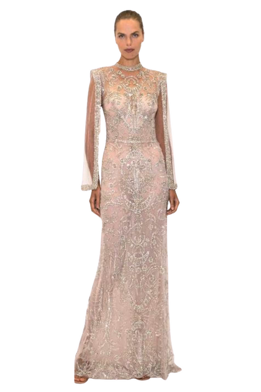 Sleeveless Embroidered Cape Gown