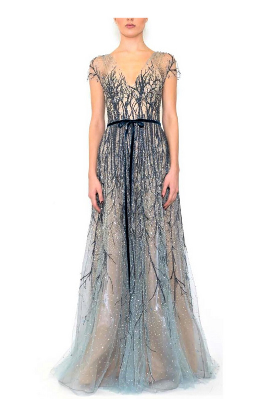 Embroidered V Neck Cap Sleeve Gown