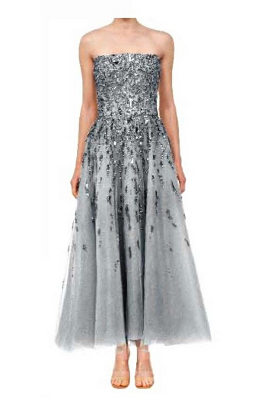 Embroidered Strapless Tulle Tea Length Gown