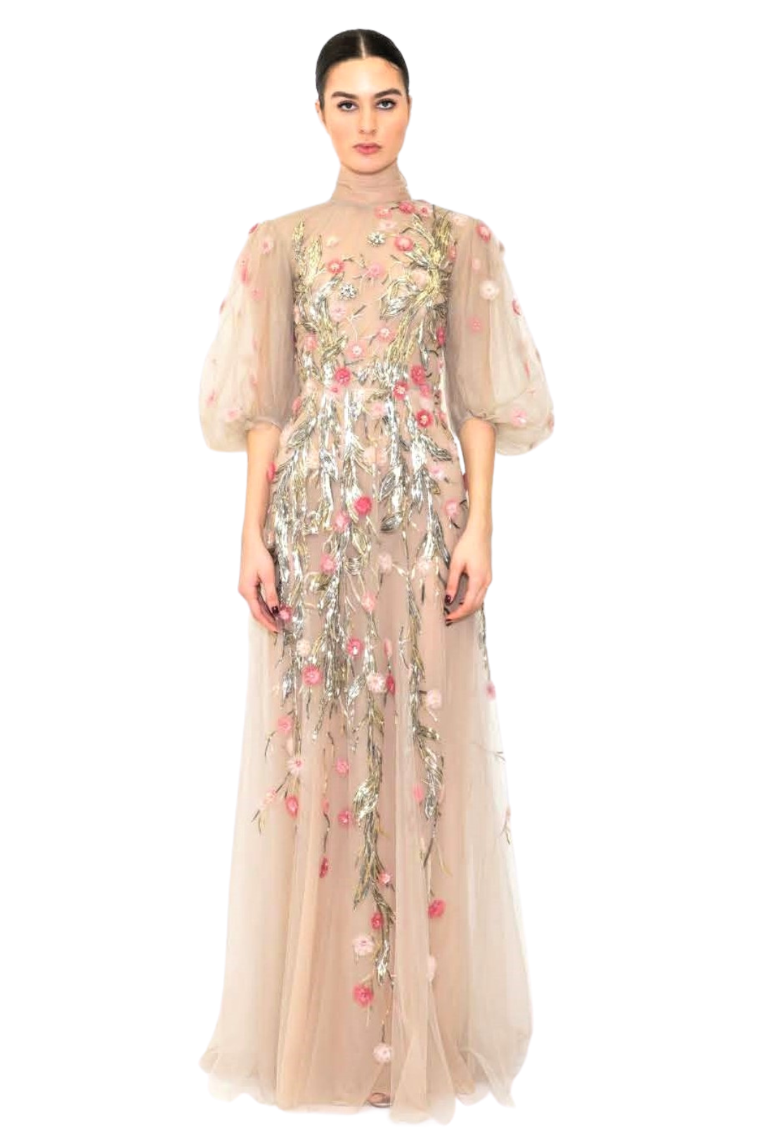 Floral Embroidered Short Sleeve Gown