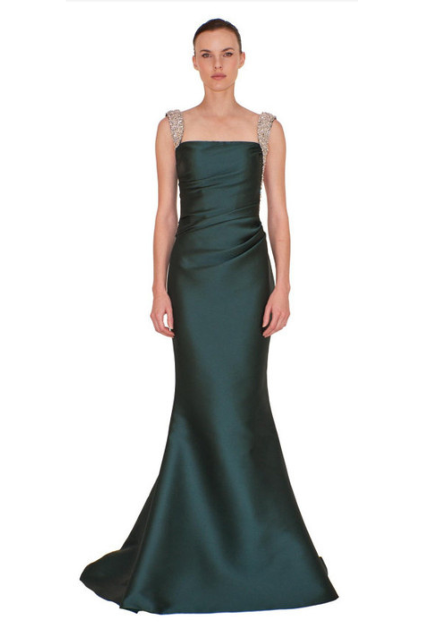 Square Neck Mikado Green Piqué Gown