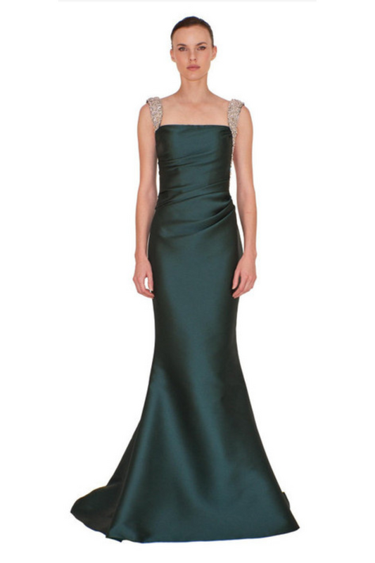 Square Neck Mikado Green Piqué Gown