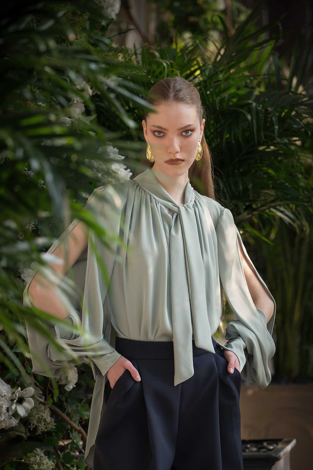 Seafoam Green Crepe Pussy Bow Blouse