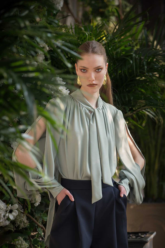 Seafoam Green Crepe Pussy Bow Blouse